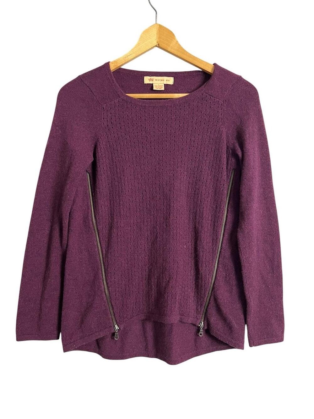 Wythe NY 100% Cashmere Sweater Small Purple Zip Detail Luxury Knit Pullover
